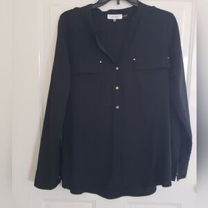 Calvin Klein Womens Long Or 3/4 Sleeve Sheer Black Blouse